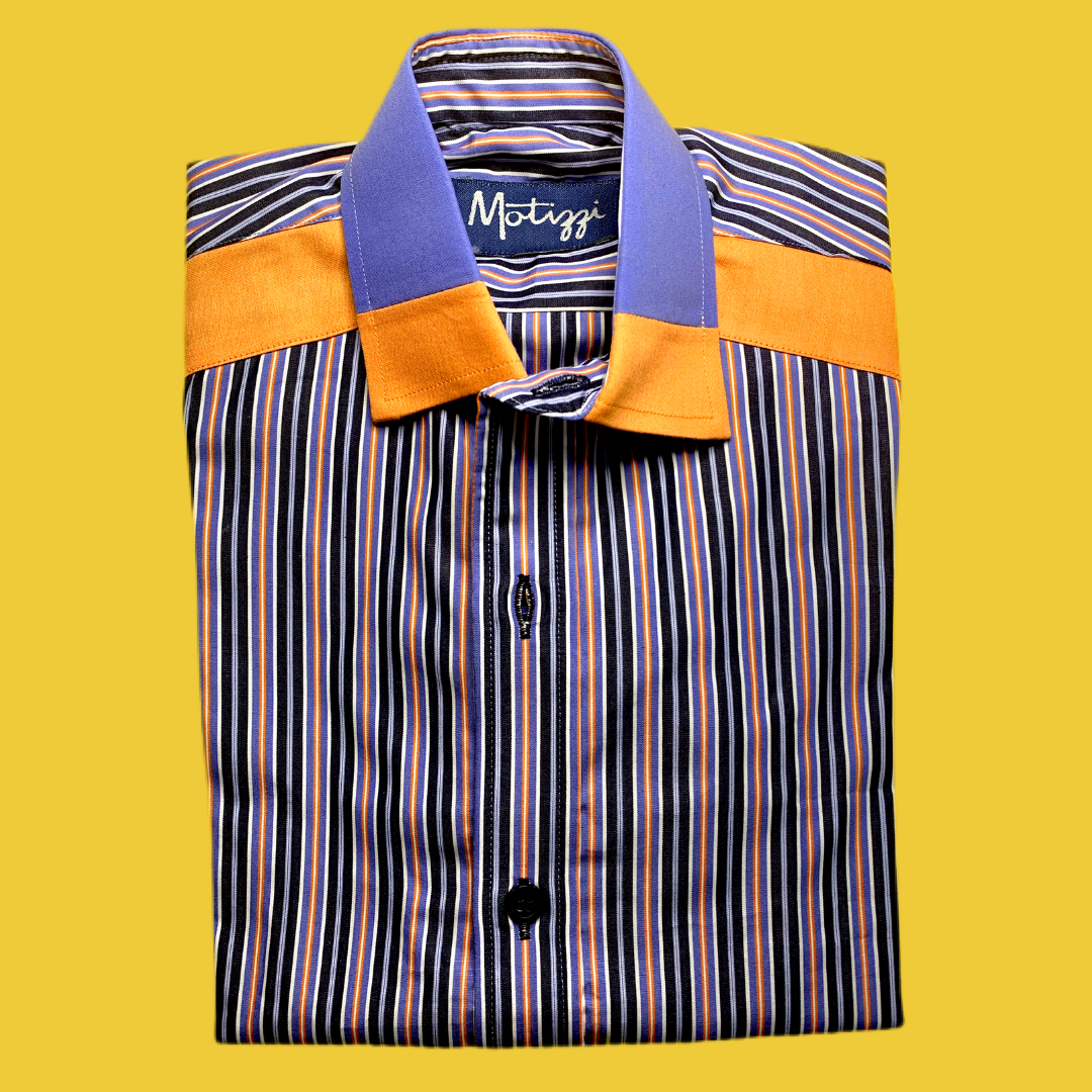 Camisa naranja, morado y azul