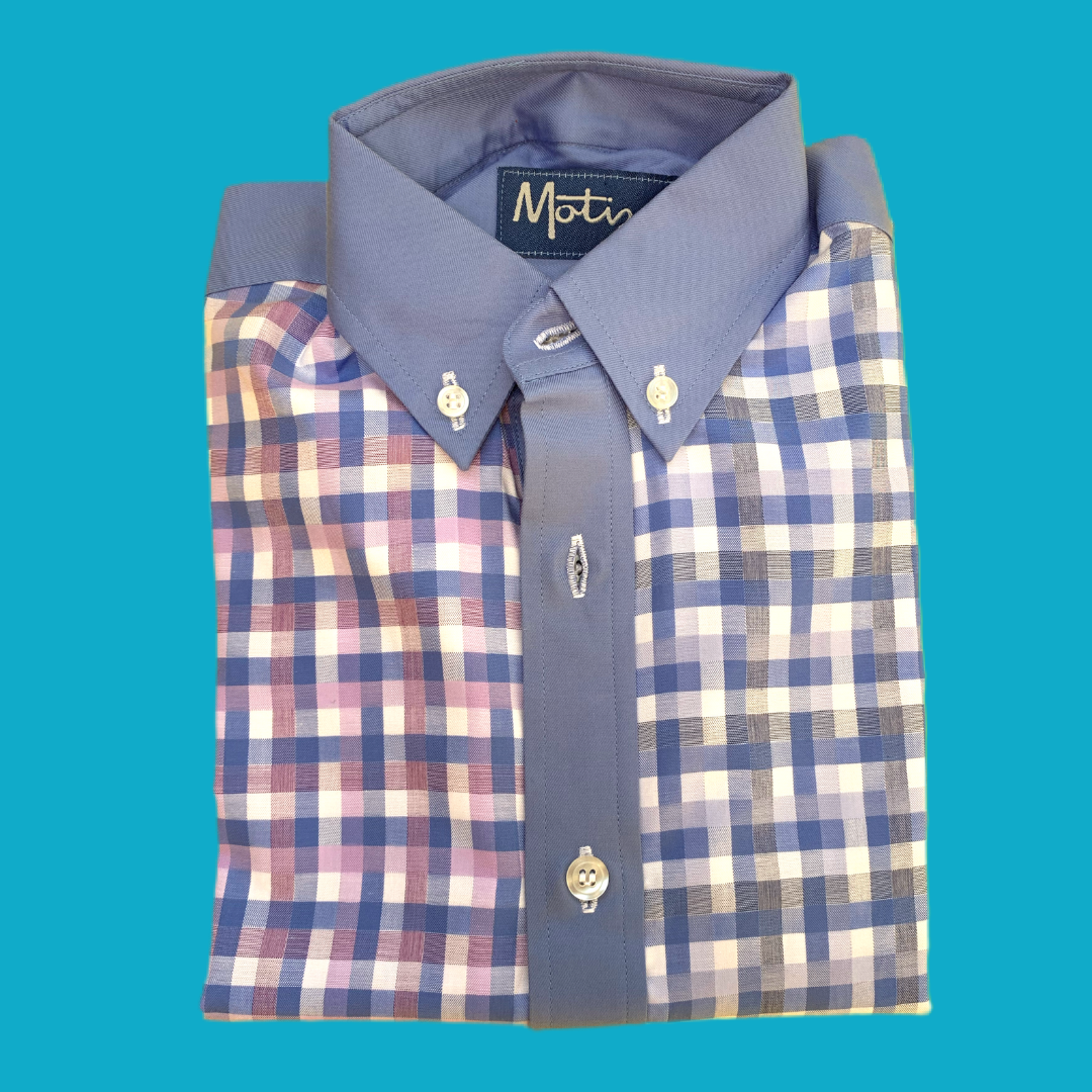 Camisa gris, celeste y lila