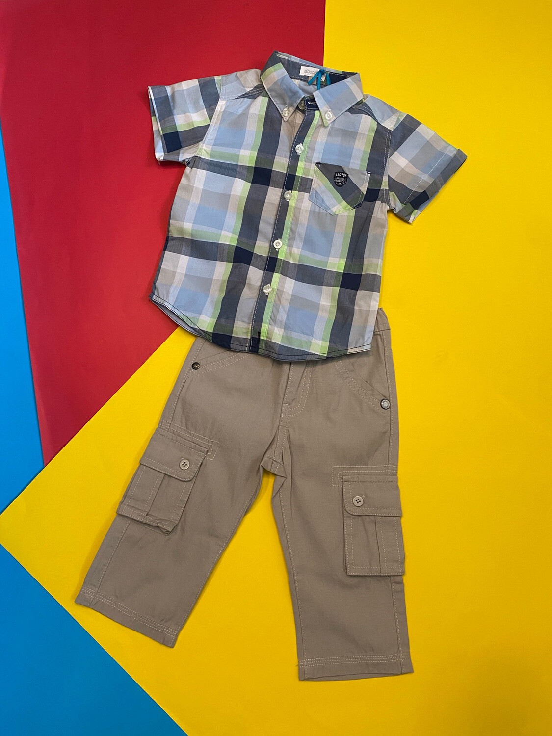 Set pant gris camisa plaid MC