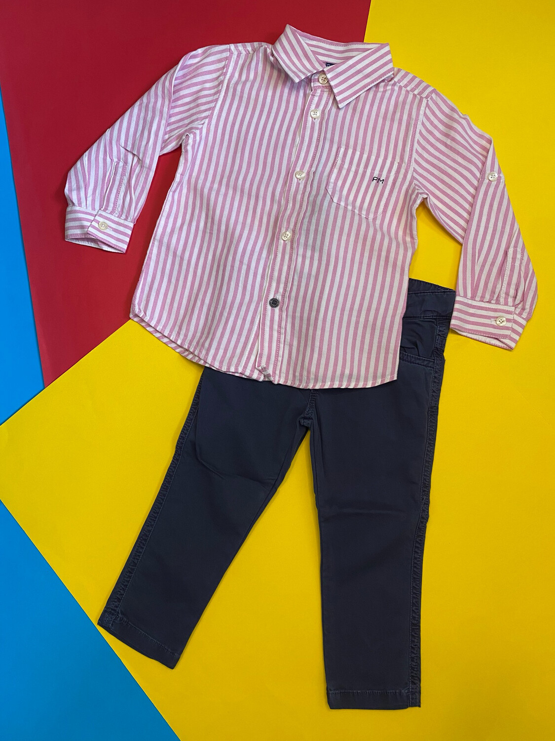 Set pant azul camisa ML rayas pink