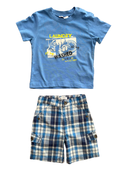 Set short plaid celeste tshirt azul