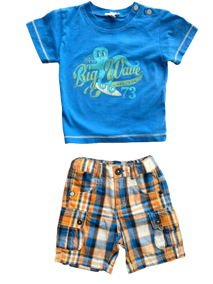 Set short plaid thsirt azul/naranja