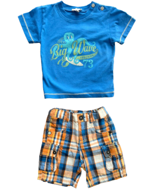 Set short plaid thsirt azul/naranja