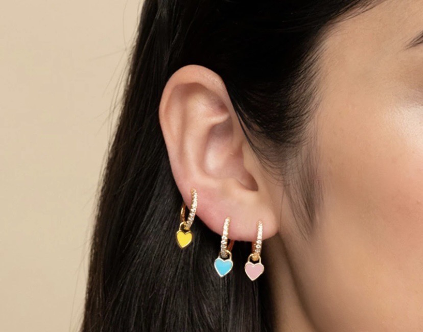 Petite Pink Heart Huggie Earrings |  Silver Plated | White Zircon | Pink Enamel | Silver 925