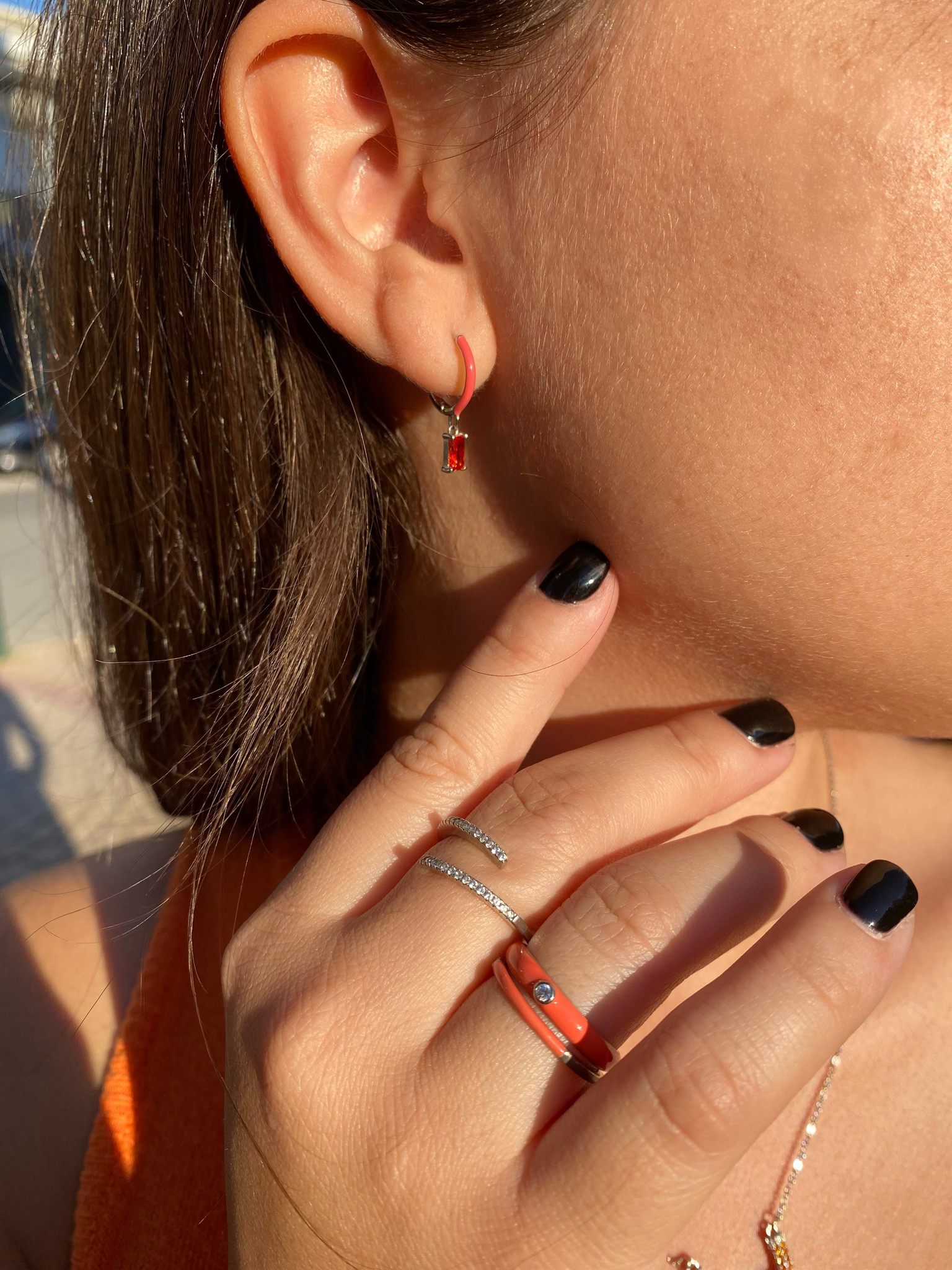 Orange Mirror Hoop Earrings | Orange Enamel | Silver Plated | Orange Zircon | Silver 925