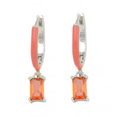 Orange Mirror Hoop Earrings | Orange Enamel | Silver Plated | Orange Zircon | Silver 925