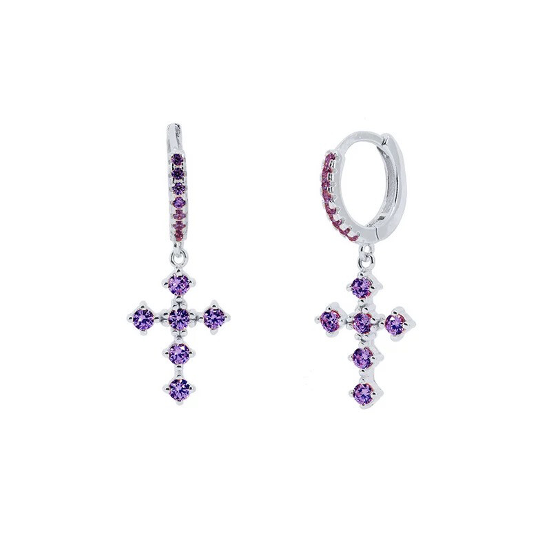 Lilac Cross Petite Huggies | Silver Plated | Lilac Zircon | Silver 925