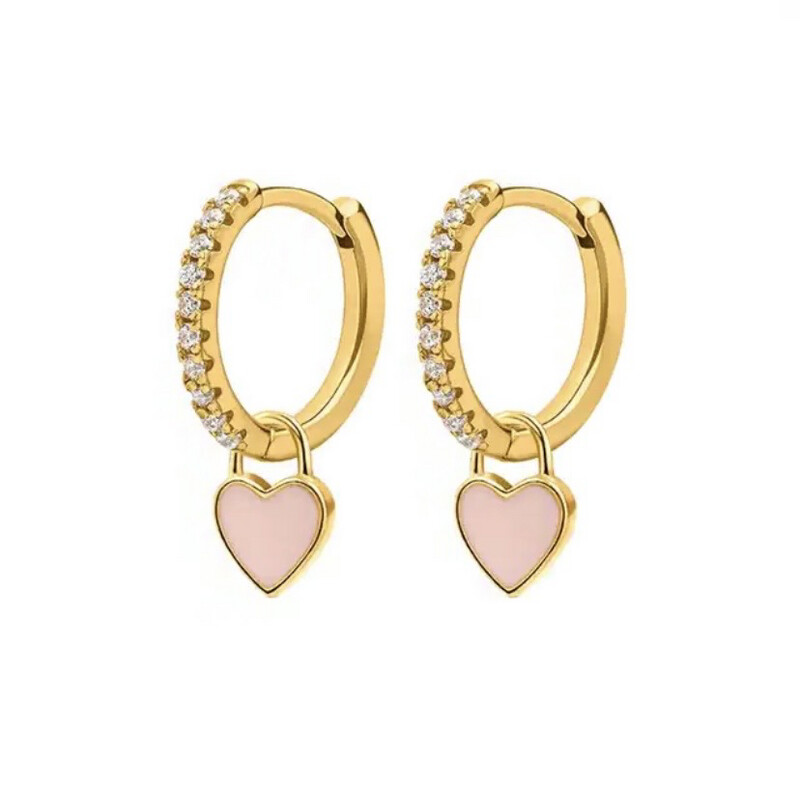 Petite Pink Heart Huggie Earrings |  Silver Plated | White Zircon | Pink Enamel | Silver 925