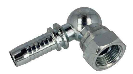 90° Compact Female Hose Insert 5/8 BSP x 5/8 insert 60° cone Crimped nut Ball body type