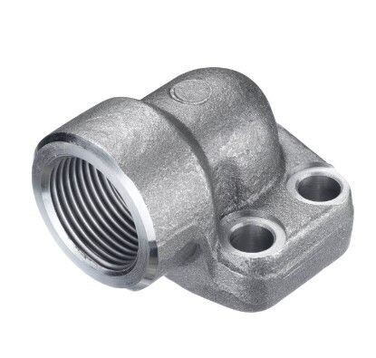 One-Piece Flange 6000 PSI Screw In Version 90° Thread: BSP Size: 1 1/4" Carbon Steel Blank Oiled for Use with M14 Bolts