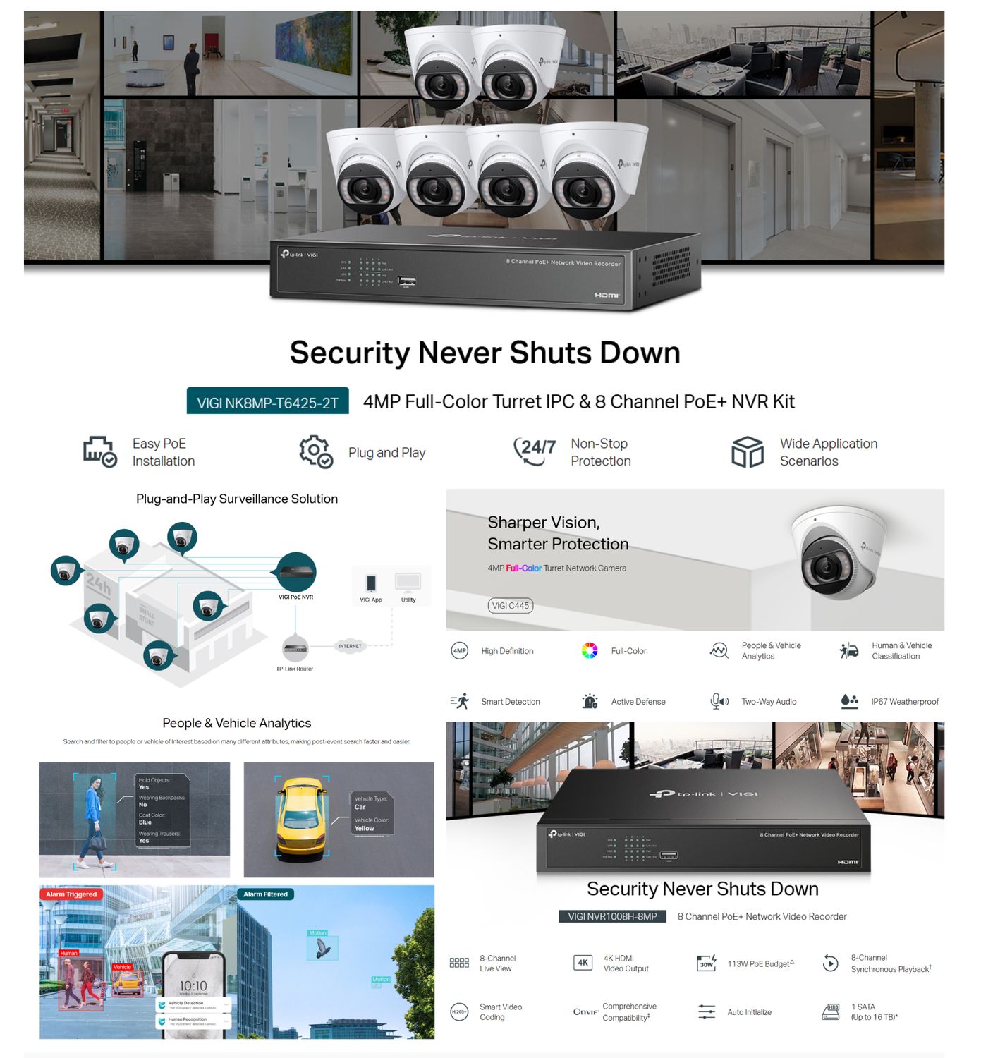 ​TP-Link VIGI NK4P-T4425-2T 6 x 4MP Full-Color Turret IPC  &amp; 8 Channel PoE+ NVR KIT with 2TB HDD