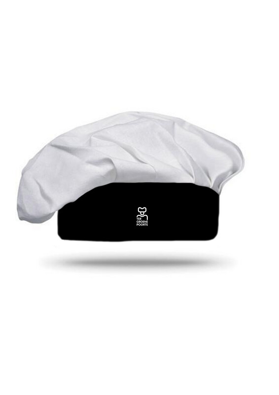 Bakkersmuts wit met zwarte boord en schoollogo