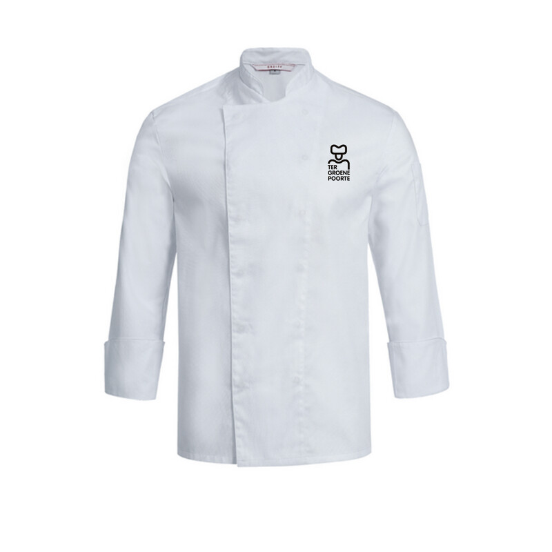 Bakkers/slagers/keuken-jas wit met logo van de school Bakkers/slagers/keuken-jas wit met logo van de school