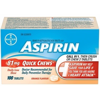 Aspirin 81mg Quick Chews Daily Low Dose Orange Flavour 100 Tablets