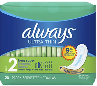 Always Ultra Thin Size 2 Long Super Pads with Wings, Unscented 20 PADS