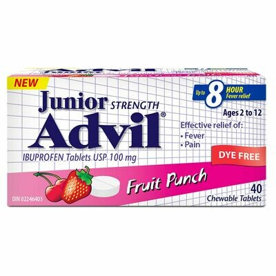 Advil Junior Strength Chewable Tablets, Dye Free, Fruit Punch/Grape, 40 Count