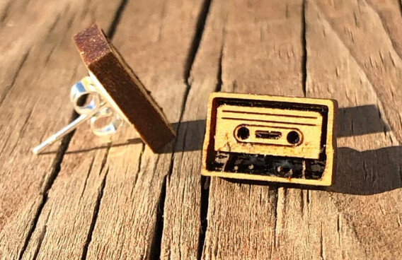 Earrings - Studs - Wood Cassette Tape