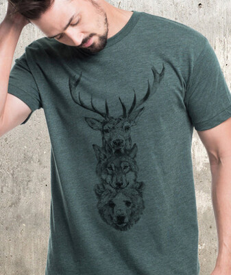 Tshirt - Men - Deer Wolf Bear Totem - Green
