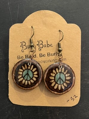 Wood burned Earrings with hand painted sunflower with peace sign
