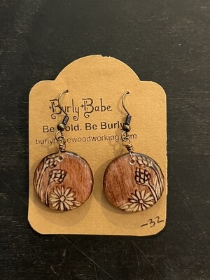 Wood burned Earrings with hand painted wild flowers design
