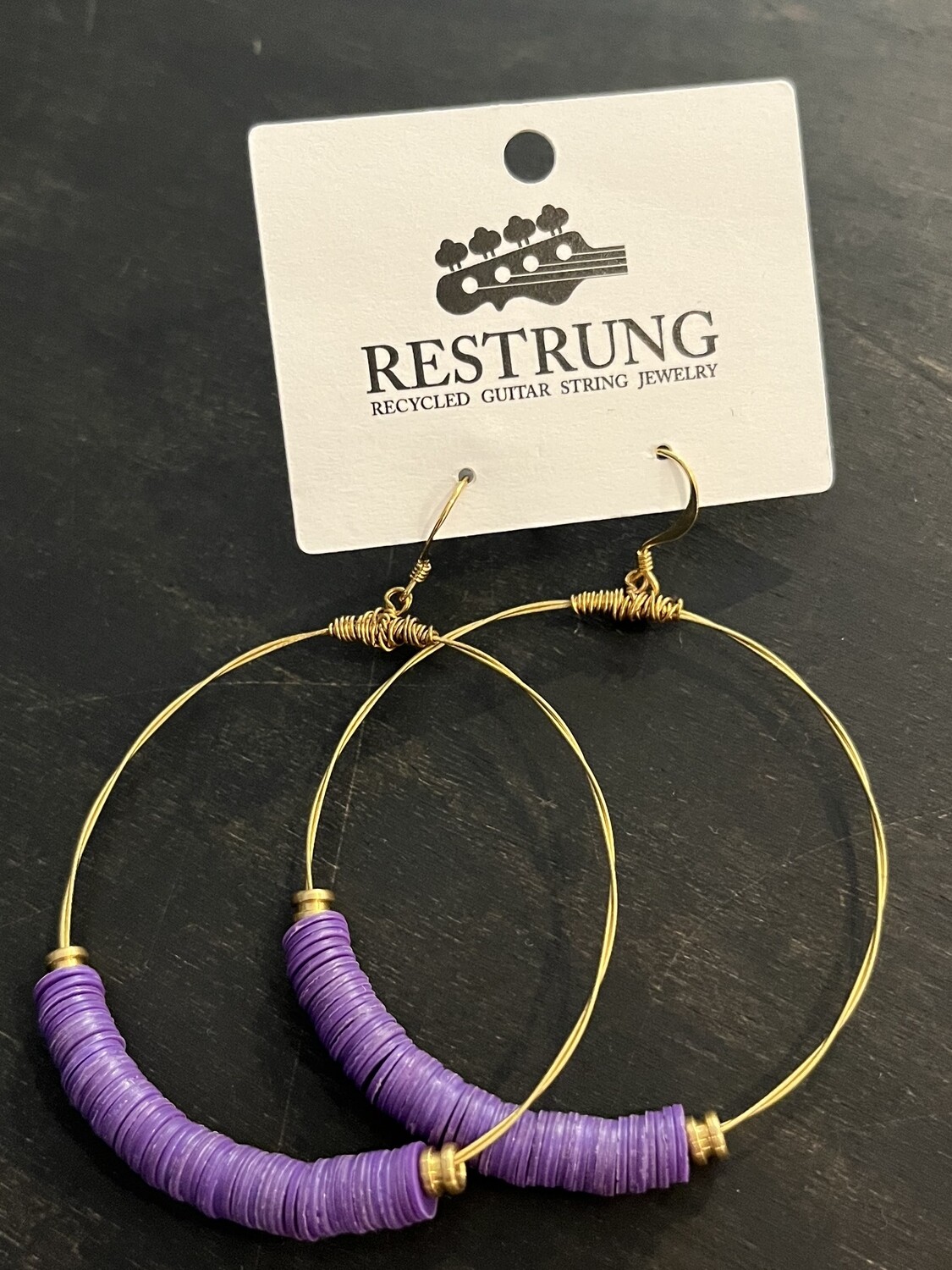 Earrings - Guitar String, Vinyl Hoop - Purple