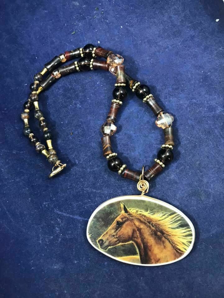 Palomino Horse with Tiger eye &amp; Pietersite necklace