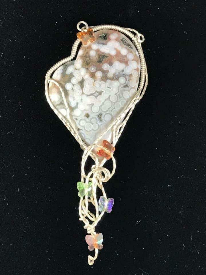 Ocean Jasper Heart Pendant with Swarovski Crystals