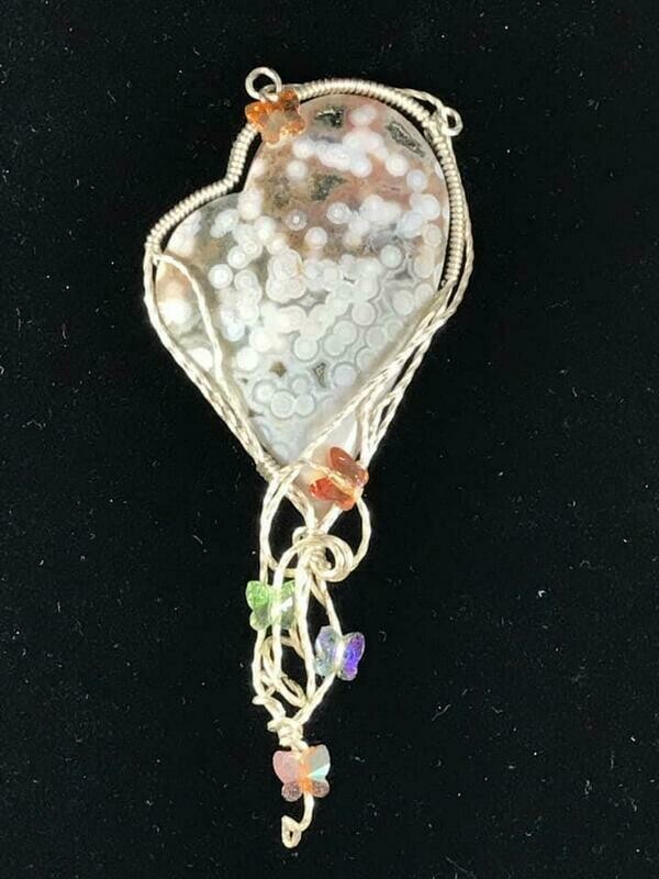 Ocean Jasper Heart Pendant with Swarovski Crystals
