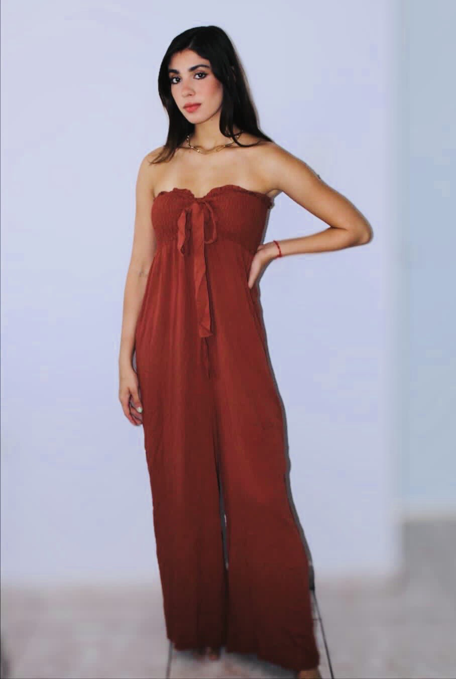 Kayla Strapless Boho Jumpsuit (Rust)