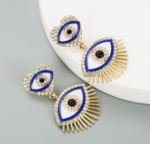 Rhinestones/ Gold Evil Eye Earrings