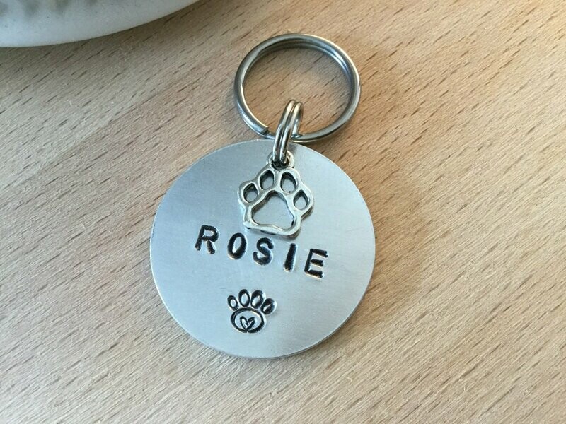 Aluminium Disc Dog Tag Paw with Heart & Paw Charm