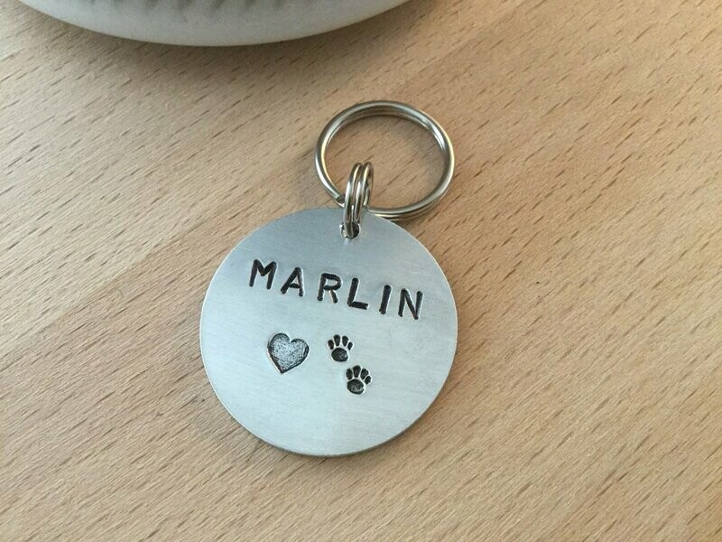 Aluminium Disc Dog Tag Heart and Two Paw Prints
