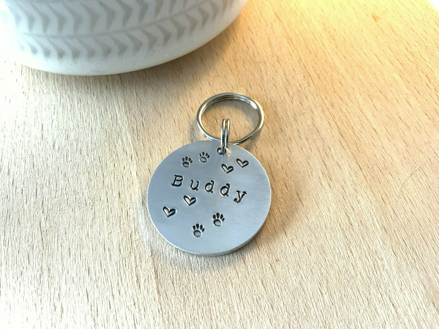 Aluminium Disc Dog Tag Paw Prints and Hearts