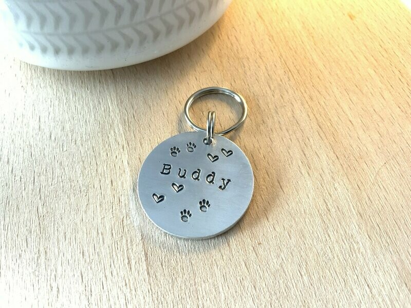 Aluminium Disc Dog Tag Paw Prints and Hearts