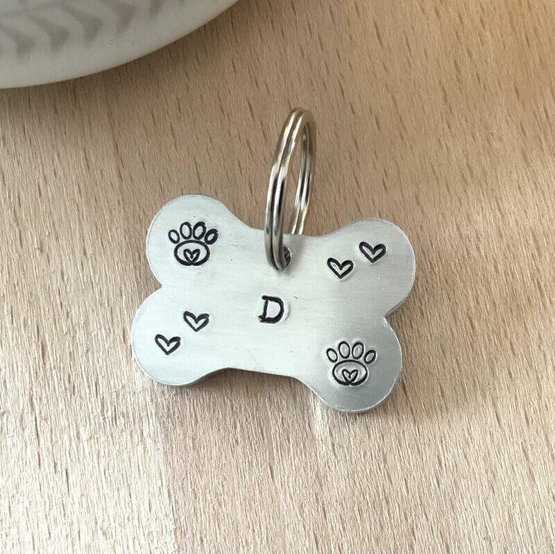 Aluminium Bone shape Dog Tag Initial Hearts and Paws