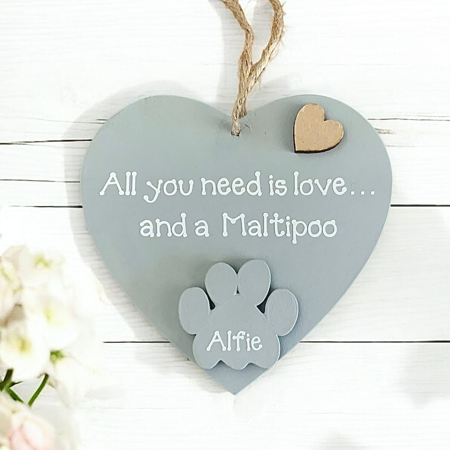 Personalised Maltipoo Grey Heart Plaque