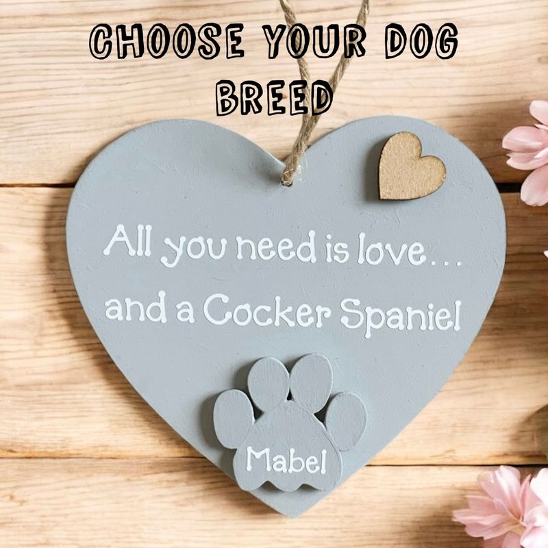Choose your dog breed Personlised  Grey Heart Plaque