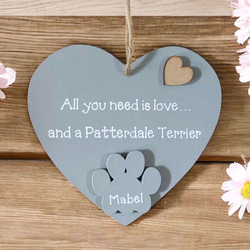 Personalised Patterdale Terrier Grey Heart Plaque