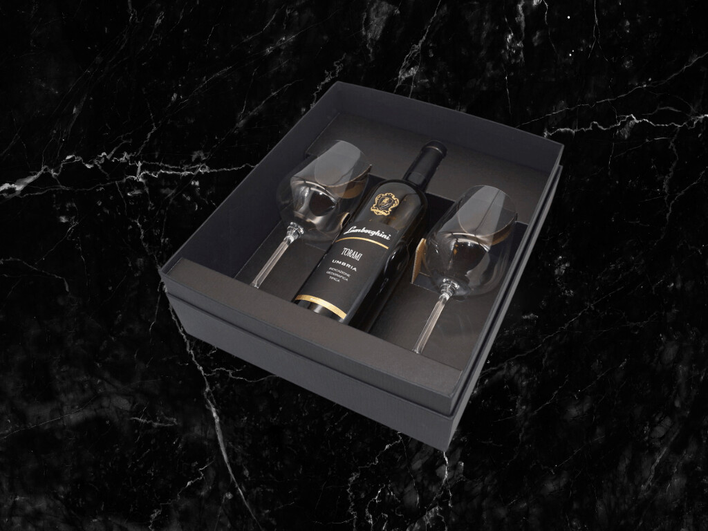 Lamborghini bauletto regalo nero  1 bottiglia + 2 calici con logo  (vino non incluso)