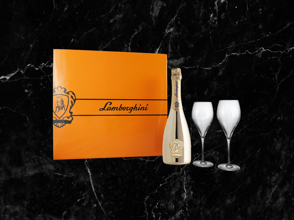Lamborghini scatola regalo arancione  1 bottiglia di bollicine + 2 Flûte  (spumante non incluso)