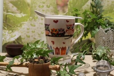 Taza de té, de PORCELANA + cuchara + caja adorno regalo. Diseño Buhitos