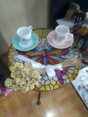 Tazas de té, 2 unidades pequeñas de PORCELANA + platitos + Caja adorno Estilo Mariposas
