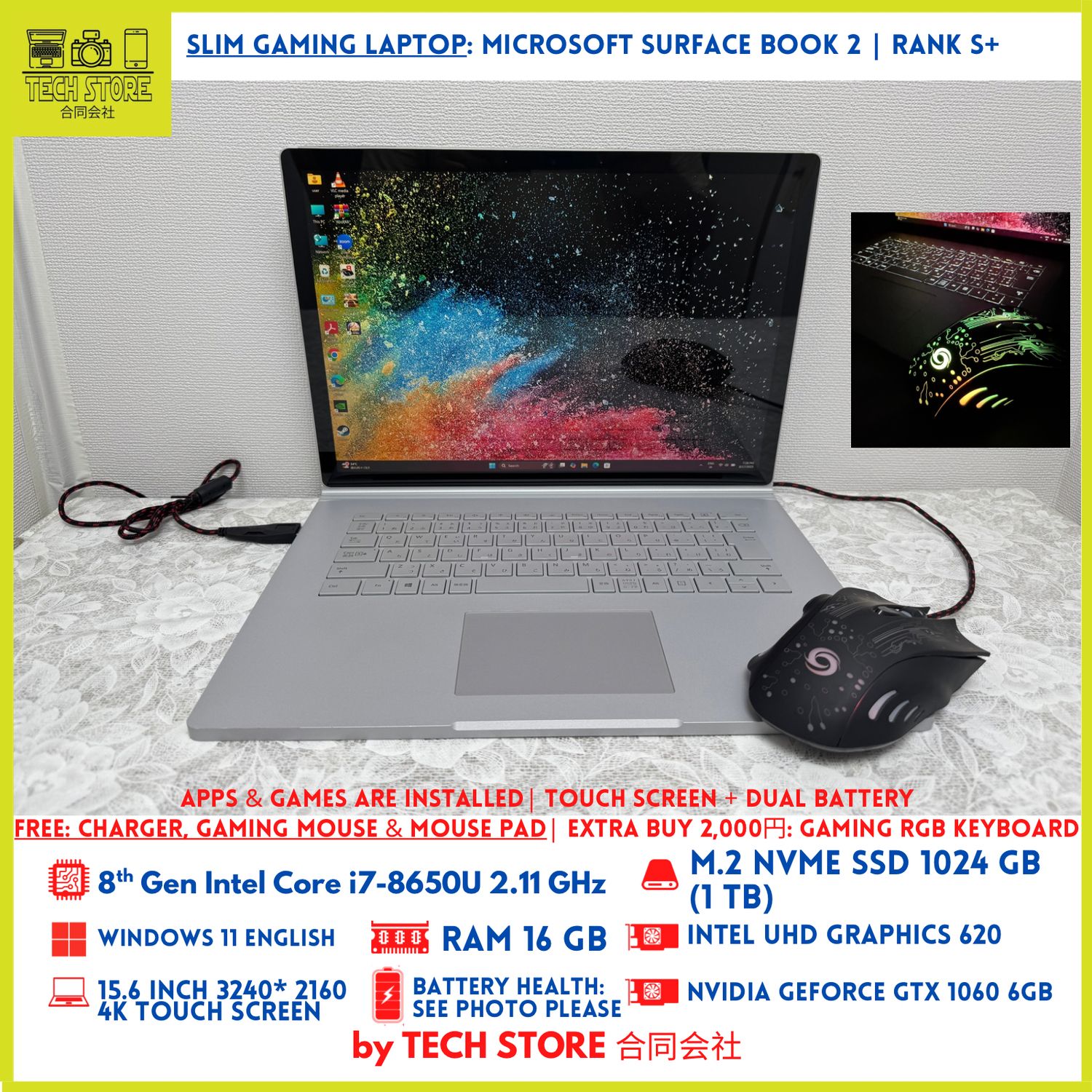 Touch Screen Gaming Microsoft Surface Book 2 Core i7 16GB SSD 1TB GTX 1060 6GB