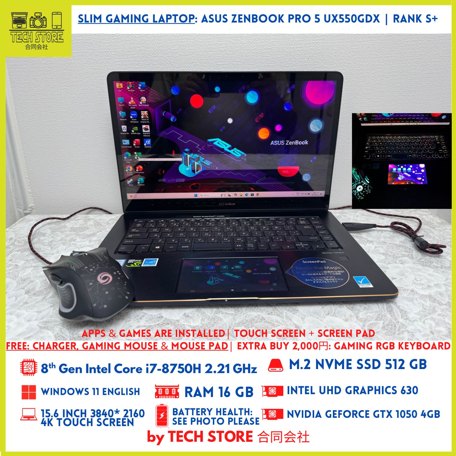 Touch Screen + ScreenPad Gaming ASUS ZenBook Pro 15 Core i7 16GB SSD 512GB GTX 1050