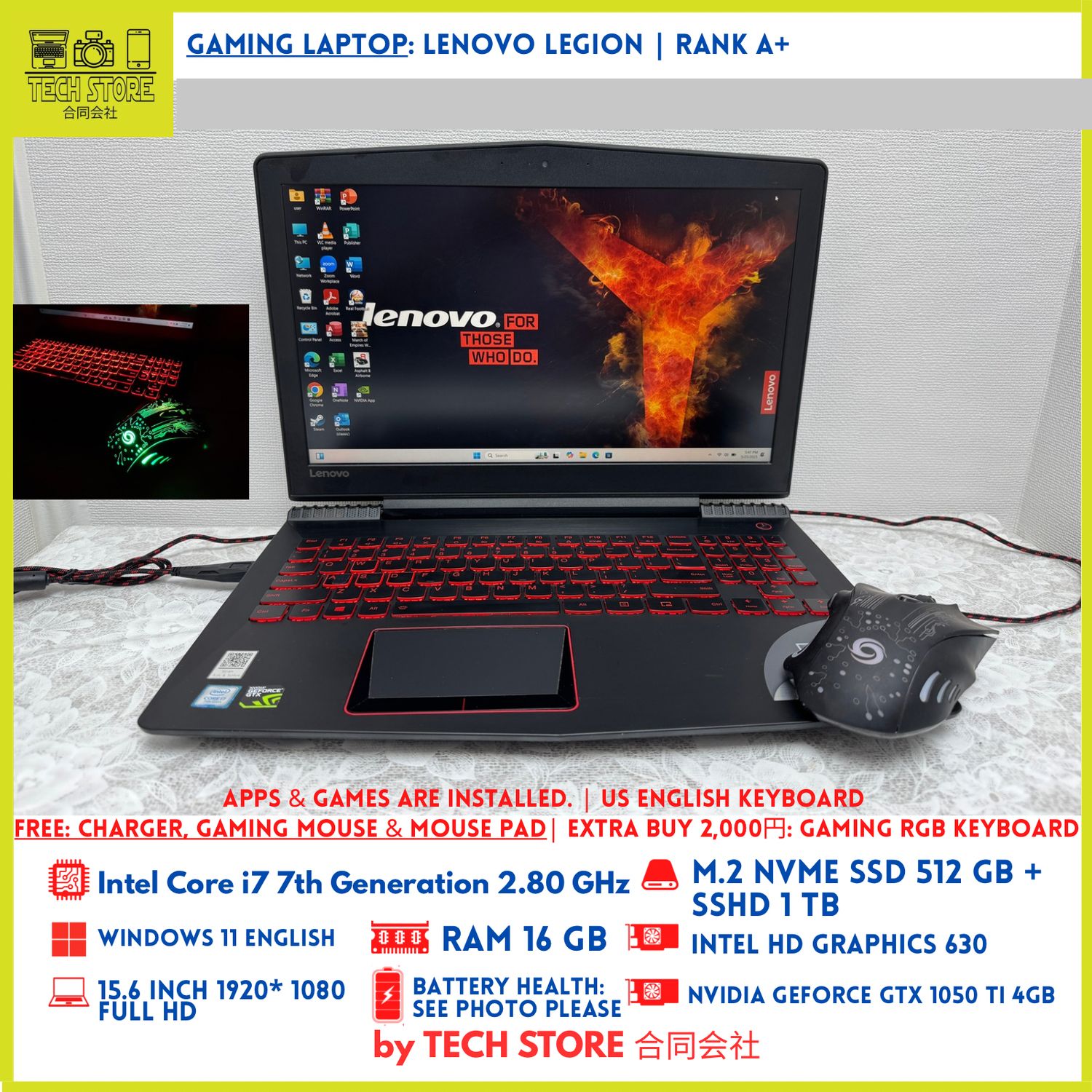 Lenovo Legion Y520-15IKBN i7 16GB 512GB 1TB GTX 1050 US Keyboard