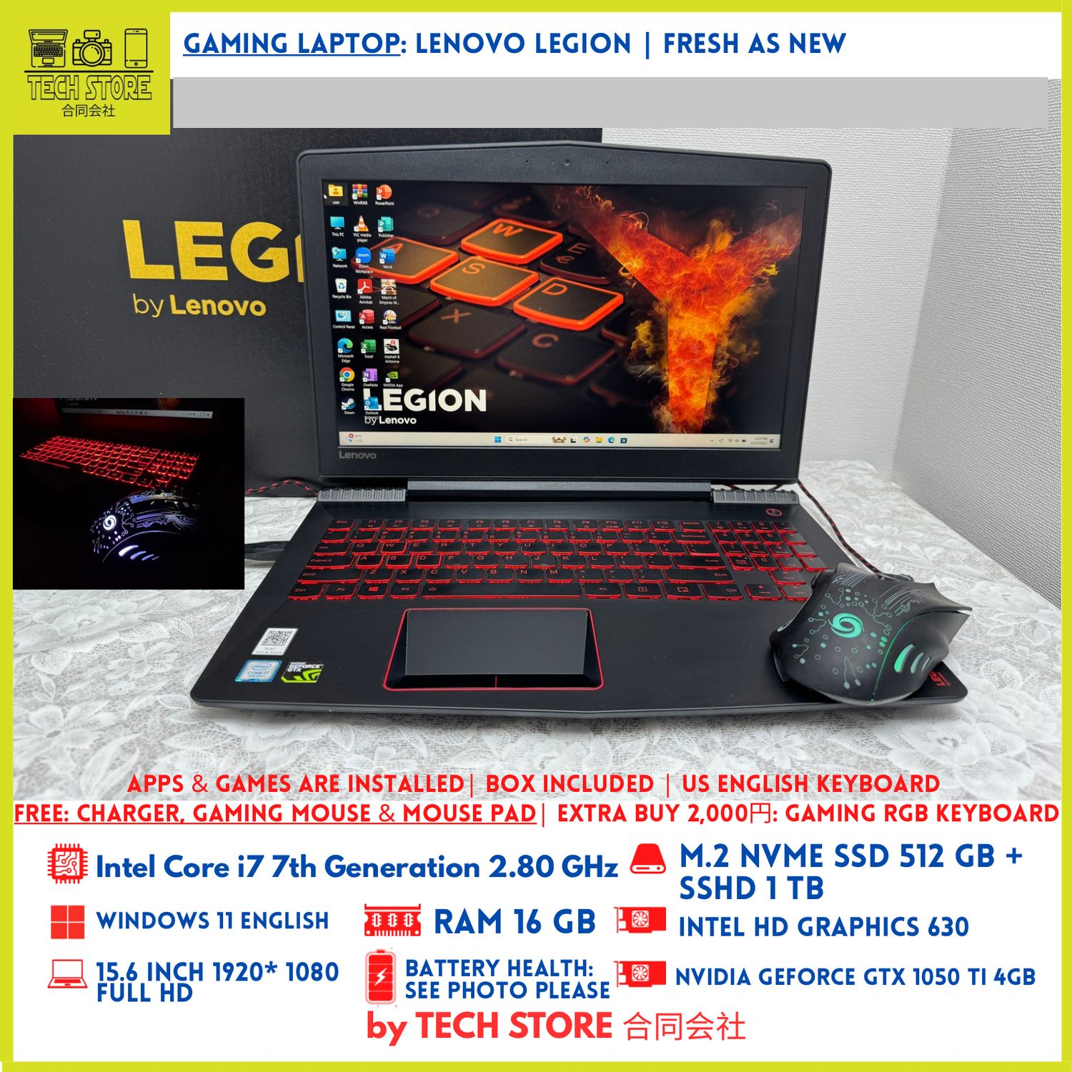 Lenovo Legion Y5120-15IKBN Core i7 16GB 512GB + 1TB GTX 1050 US English Keyboard