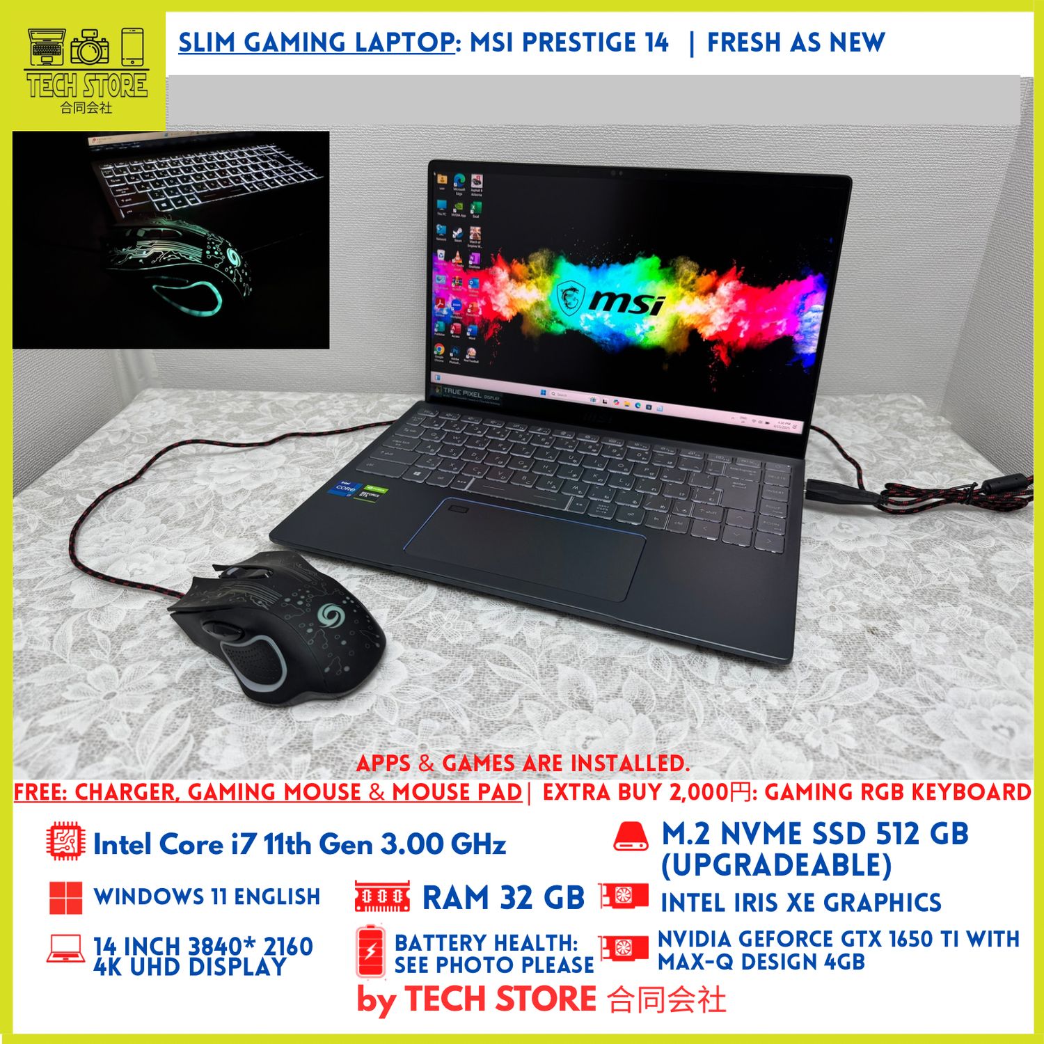 MSI Prestige 14 Core i7 11th Gen 32GB 512GB GTX 1650 4K Display