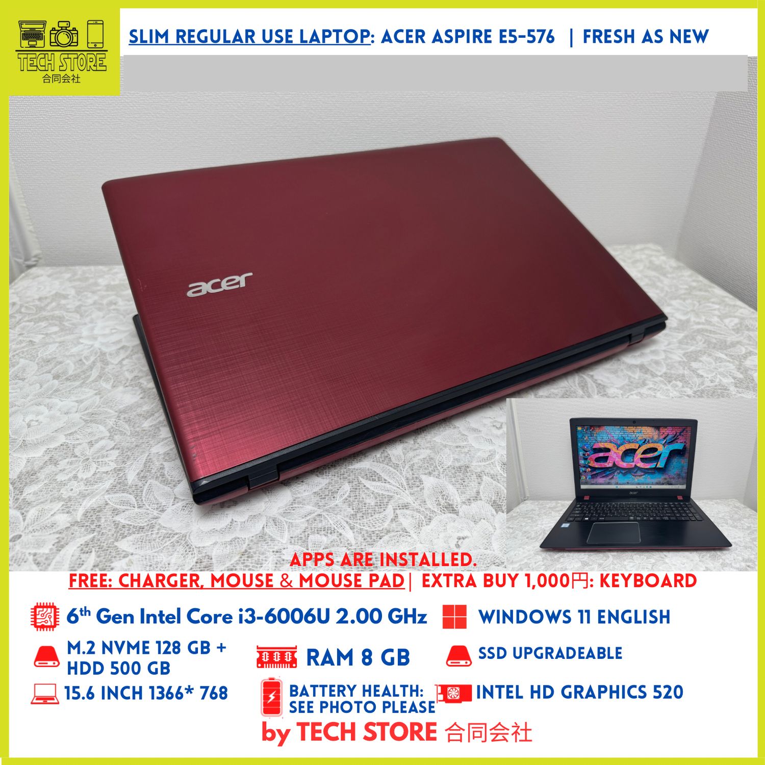 Acer Aspire E5-576 6th Gen 8GB 128GB+ 500GB