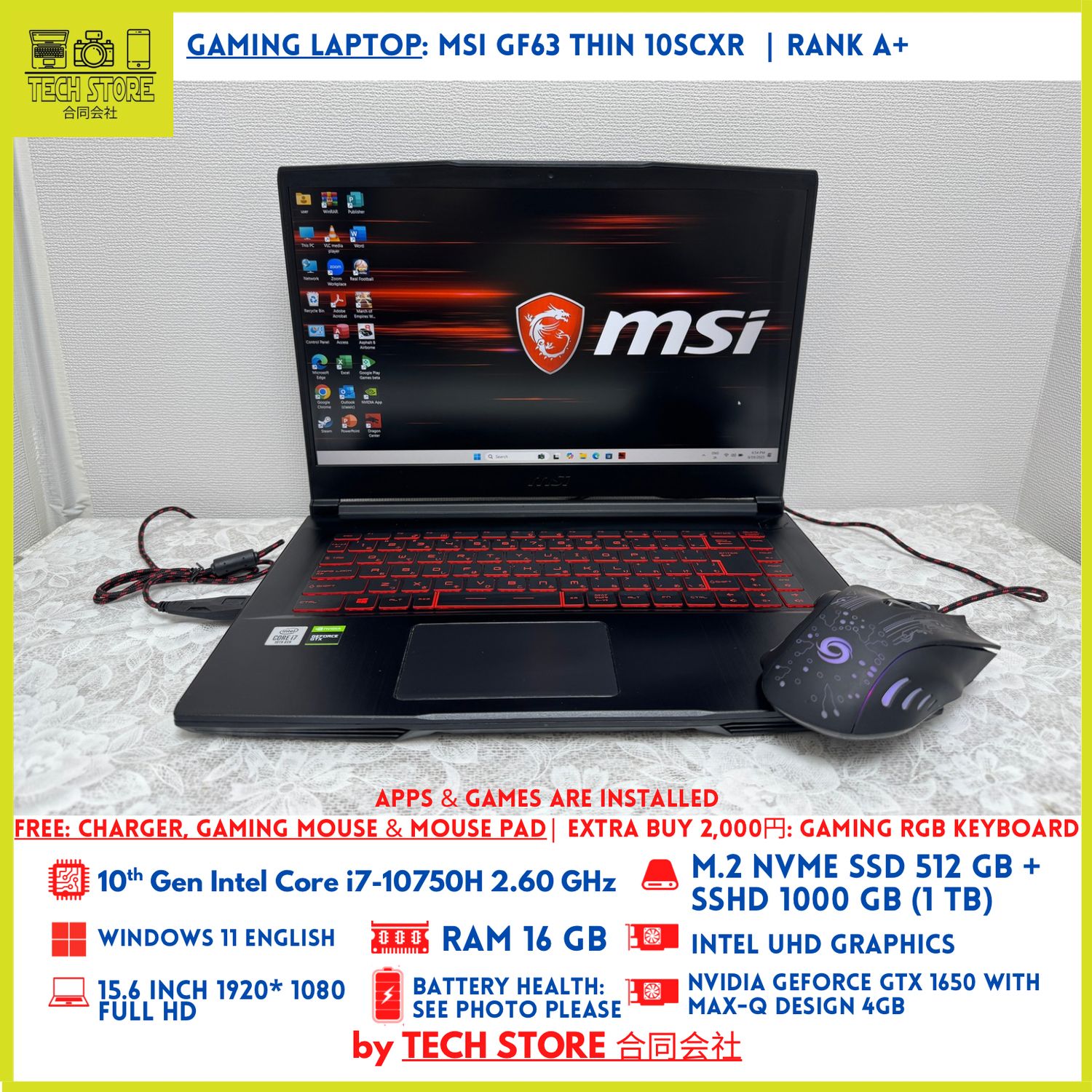 MSI GF63 Thin 10SCXR Core i7 10th Gen 16GB 512GB+ 1TB GTX 1650