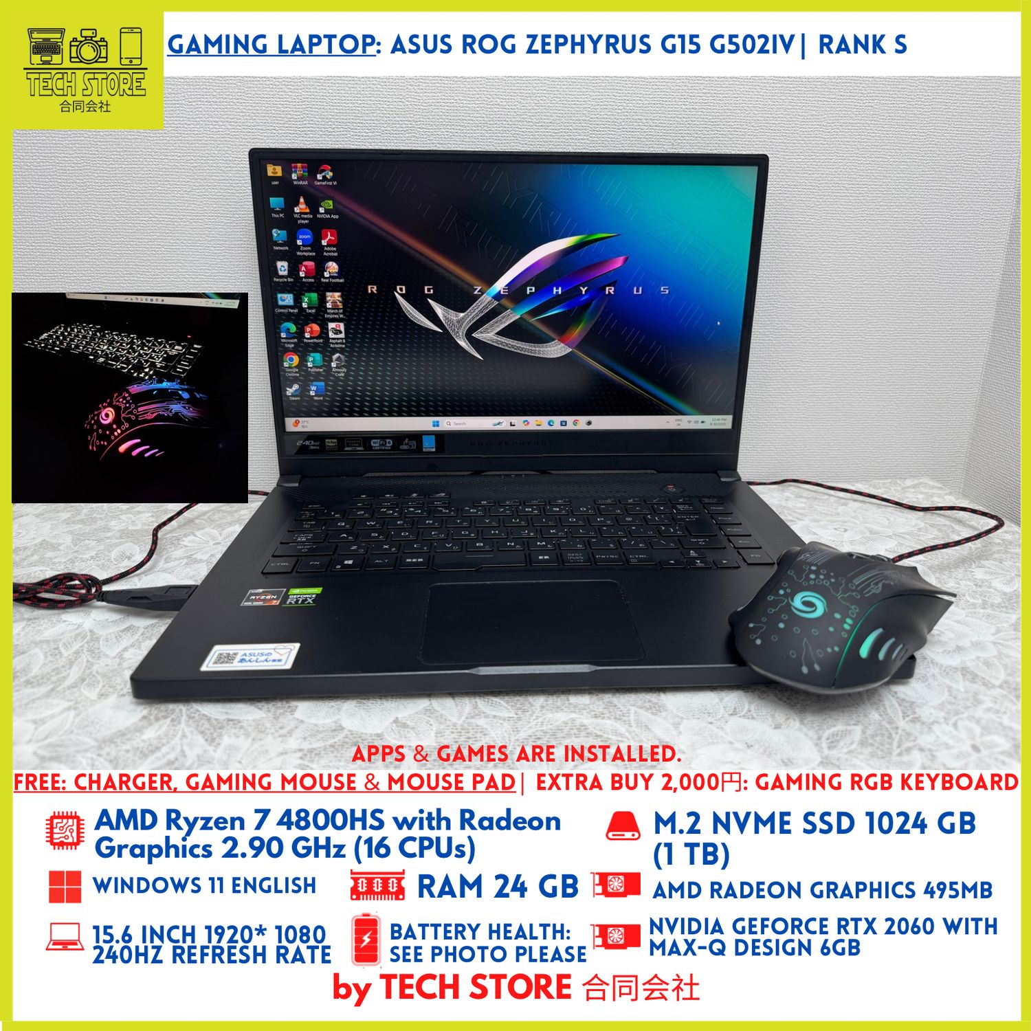 Asus Rog Zephyrus G15 GA502IV Ryzen 7 24GB 1TB RTX 2060 6GB 240Hz